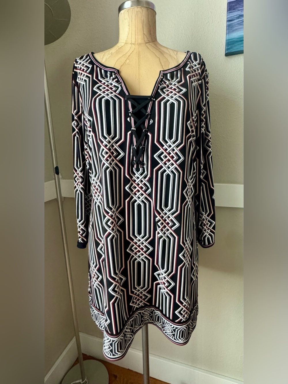 White House Black Market Lace-Up Geometric Print Tunic Dress, Size XL